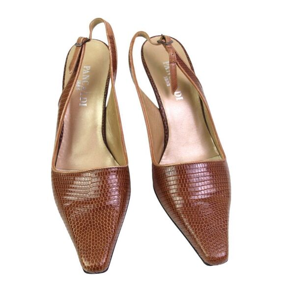 Pancaldi BROWN REAL LEATHER SNAKE MID HEEL POINTED BUCKLE SLINGBACK SHOES Sz 8B - Picture 3 of 12